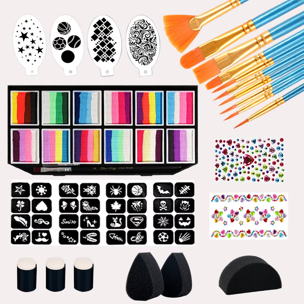 Face Paint 12X10Gm Professional Body Paint Kit for Kids Adults Stencil One Stroke Split Cake Rainbow Makeup