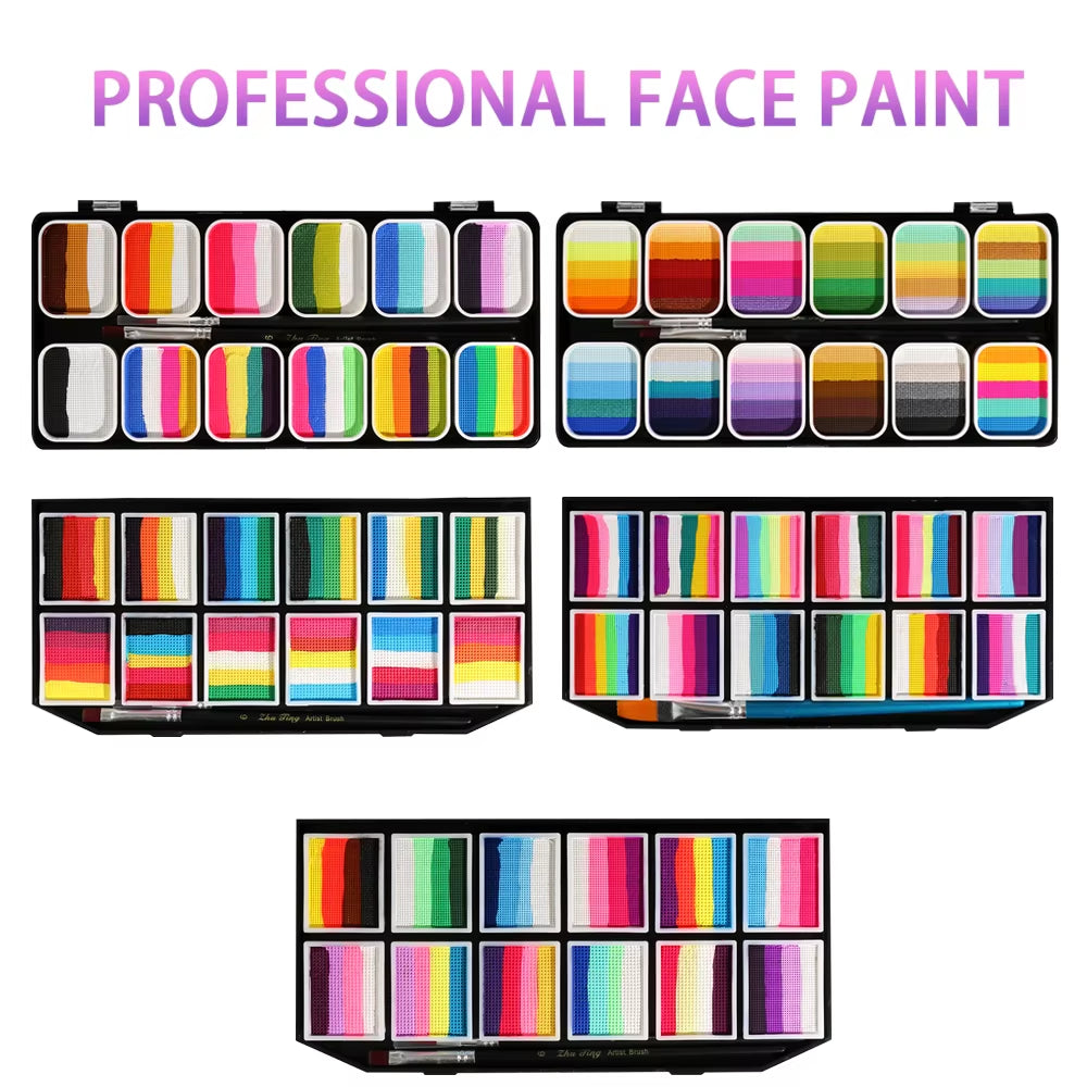 Face Paint 12X10Gm Professional Body Paint Kit for Kids Adults Stencil One Stroke Split Cake Rainbow Makeup