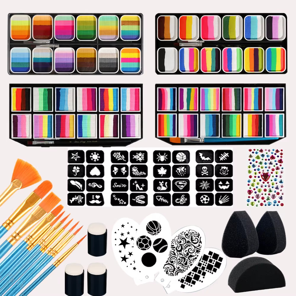 Face Paint 12X10Gm Professional Body Paint Kit for Kids Adults Stencil One Stroke Split Cake Rainbow Makeup