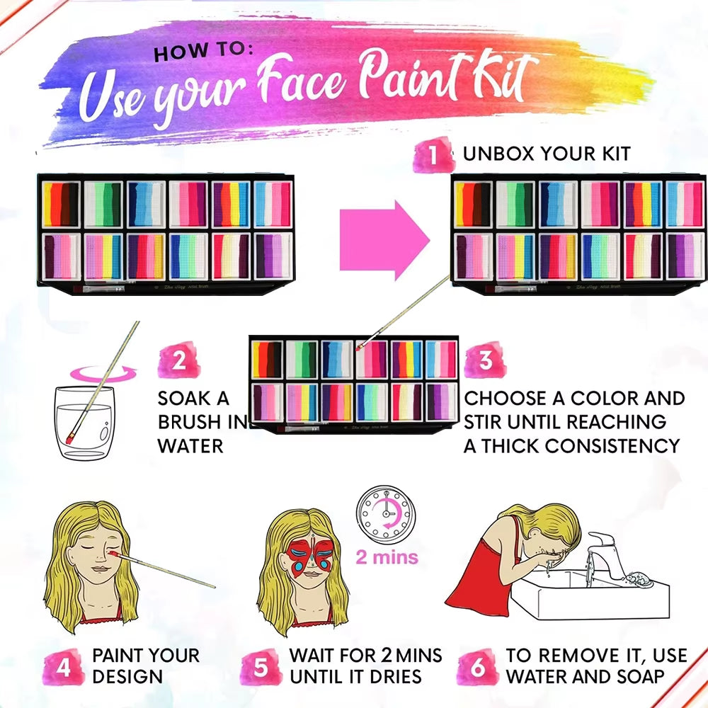 Face Paint 12X10Gm Professional Body Paint Kit for Kids Adults Stencil One Stroke Split Cake Rainbow Makeup