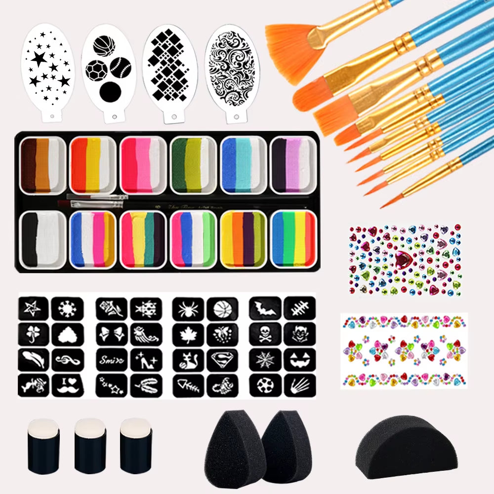Face Paint 12X10Gm Professional Body Paint Kit for Kids Adults Stencil One Stroke Split Cake Rainbow Makeup