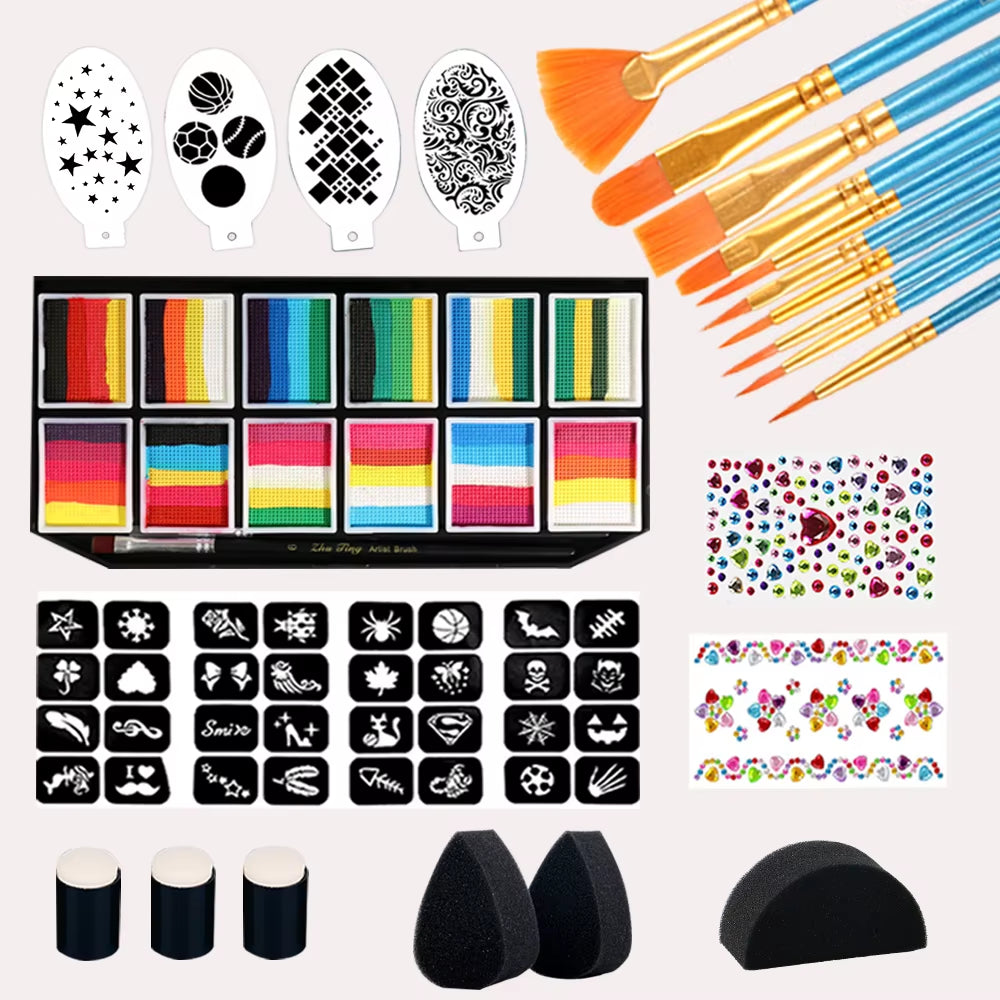 Face Paint 12X10Gm Professional Body Paint Kit for Kids Adults Stencil One Stroke Split Cake Rainbow Makeup