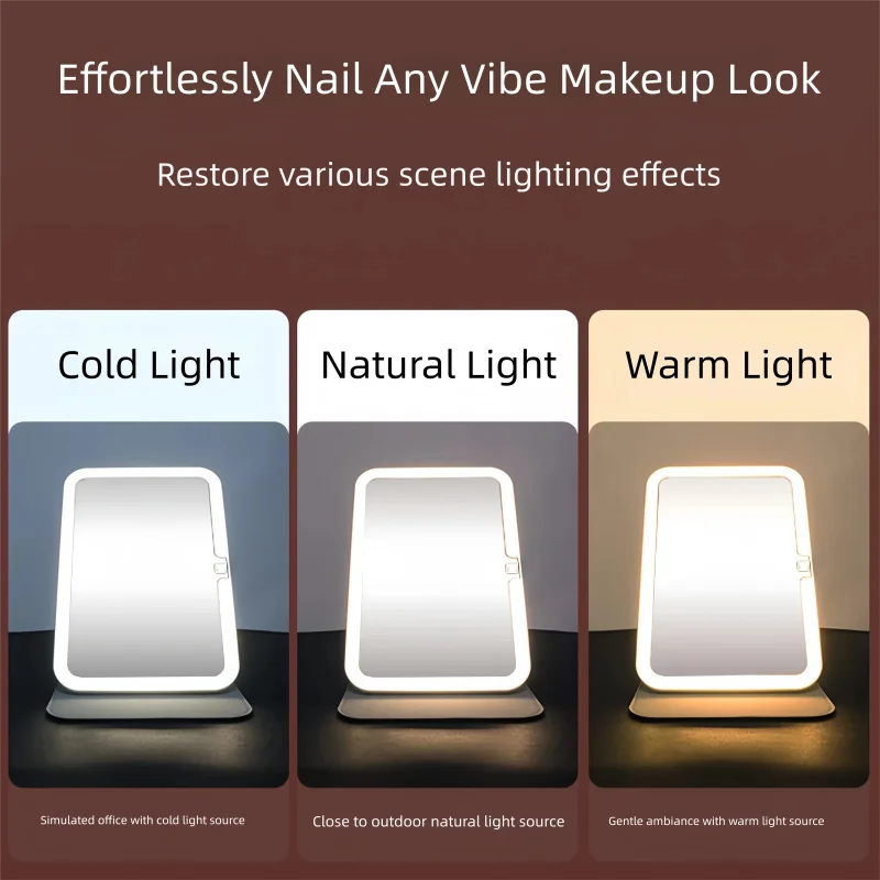 Portable LED Makeup Mirror,3 Color Modes,Stepless Dimmable,Type-C Charging,Foldable PU Leather Vanity Mirror