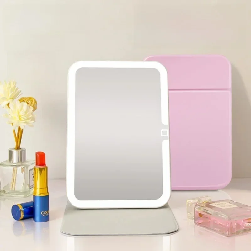 Portable LED Makeup Mirror,3 Color Modes,Stepless Dimmable,Type-C Charging,Foldable PU Leather Vanity Mirror
