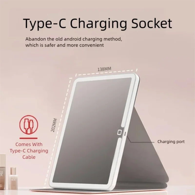 Portable LED Makeup Mirror,3 Color Modes,Stepless Dimmable,Type-C Charging,Foldable PU Leather Vanity Mirror