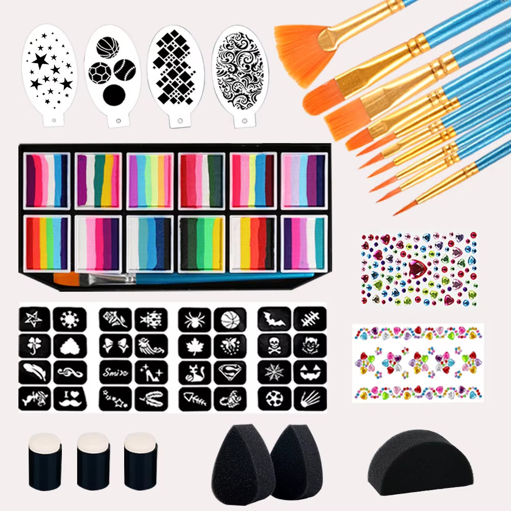 Face Paint 12X10Gm Professional Body Paint Kit for Kids Adults Stencil One Stroke Split Cake Rainbow Makeup