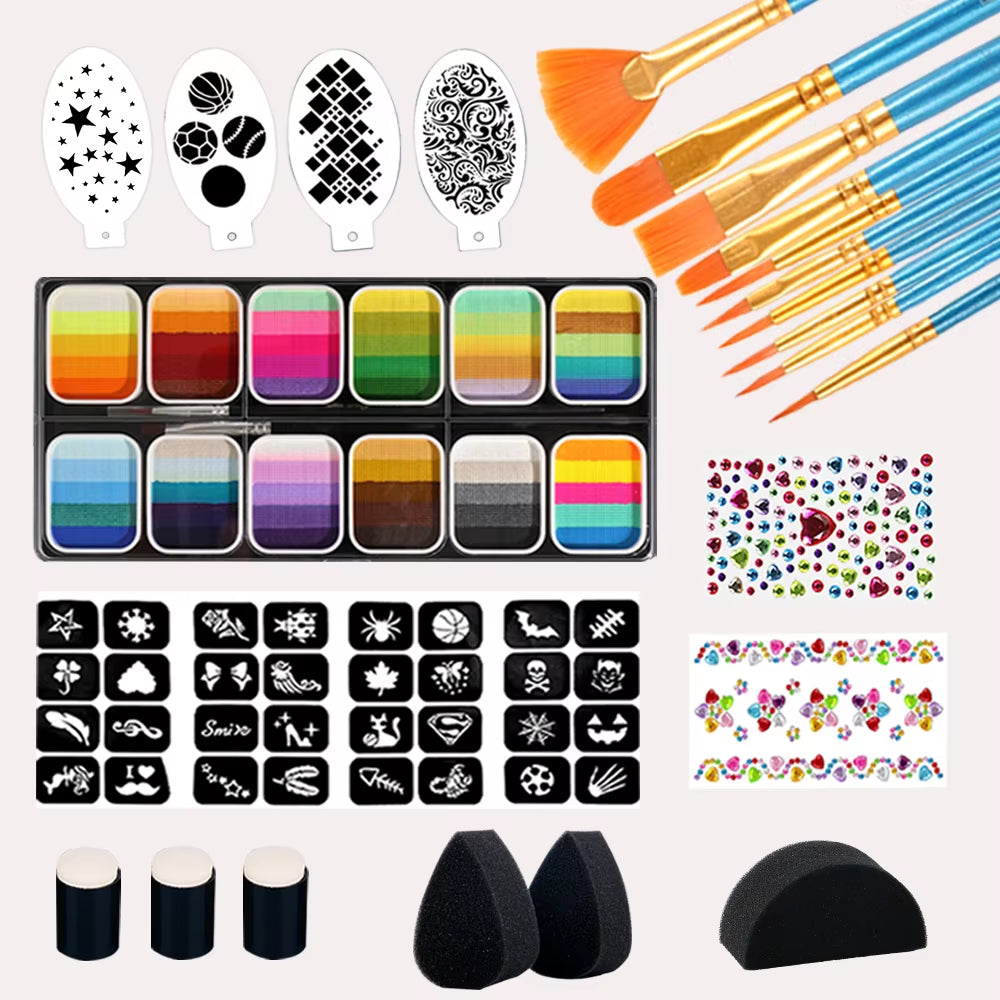 Face Paint 12X10Gm Professional Body Paint Kit for Kids Adults Stencil One Stroke Split Cake Rainbow Makeup